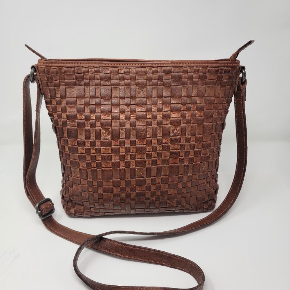 Woven Leather Crossbody Bag - Brown